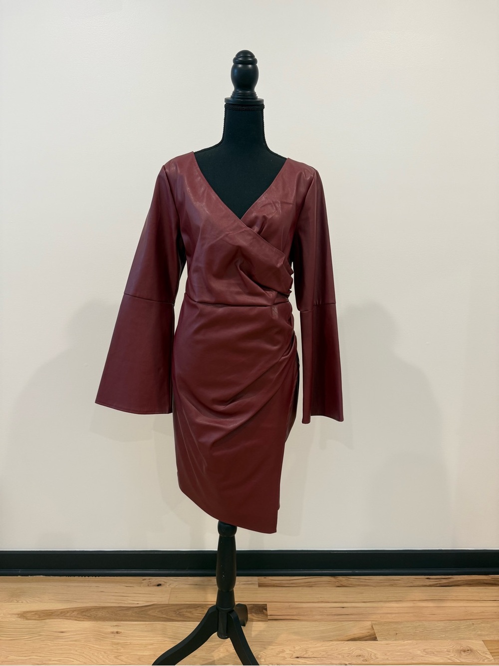 Gabrielle Union Burgundy Faux Leather Ruched Wrap Dress Size Medium NWT